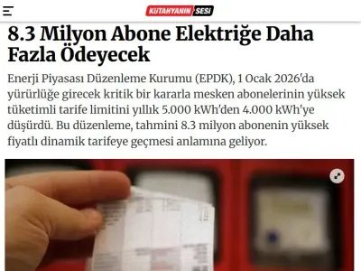 8.3 MİLYON ABONE ELEKTRİĞE DAHA FAZLA ÖDEYECEK (KÜTAHYANINSESİ.COM, 10.11.2025)