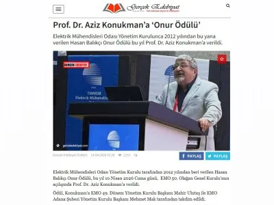 PROF. DR. AZİZ KONUKMAN’A ‘ONUR ÖDÜLÜ’ (GERCEKEDEBİYAT.COM, 14.04.2026)