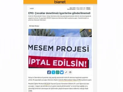 EMO: ÇOCUKLAR DENETİMSİZ İŞYERLERİNE GÖNDERİLMEMELİ (BİANET.ORG, 07.05.2026)