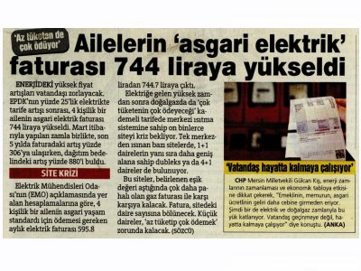 AİLELERİN `ASGARİ ELEKTRİK` FATURASI 744 LİRAYA YÜKSELDİ (SÖZCÜ, 07.04.2026)