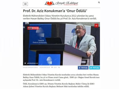 PROF. DR. AZİZ KONUKMAN’A ‘ONUR ÖDÜLÜ’ (GERCEKEDEBİYAT.COM, 14.04.2026)