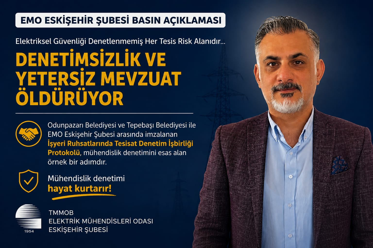 ELEKTRİK MÜHENDİSLERİ ODASI ESKİŞEHİR ŞUBESİ YÖNETİM KURULU SAYMANI 
SALİH EĞERCİ ; 

“DENETİMSİZLİK VE YETERSİZ MEVZUAT ÖLÜME DAVETİYE ÇIKARIYOR”