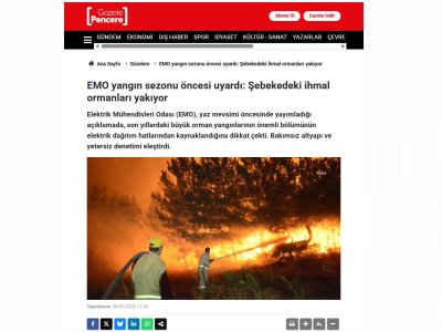 EMO YANGIN SEZONU ÖNCESİ UYARDI: ŞEBEKEDEKİ İHMAL ORMANLARI YAKIYOR (GAZETEPENCERE.COM, 06.05.2026)