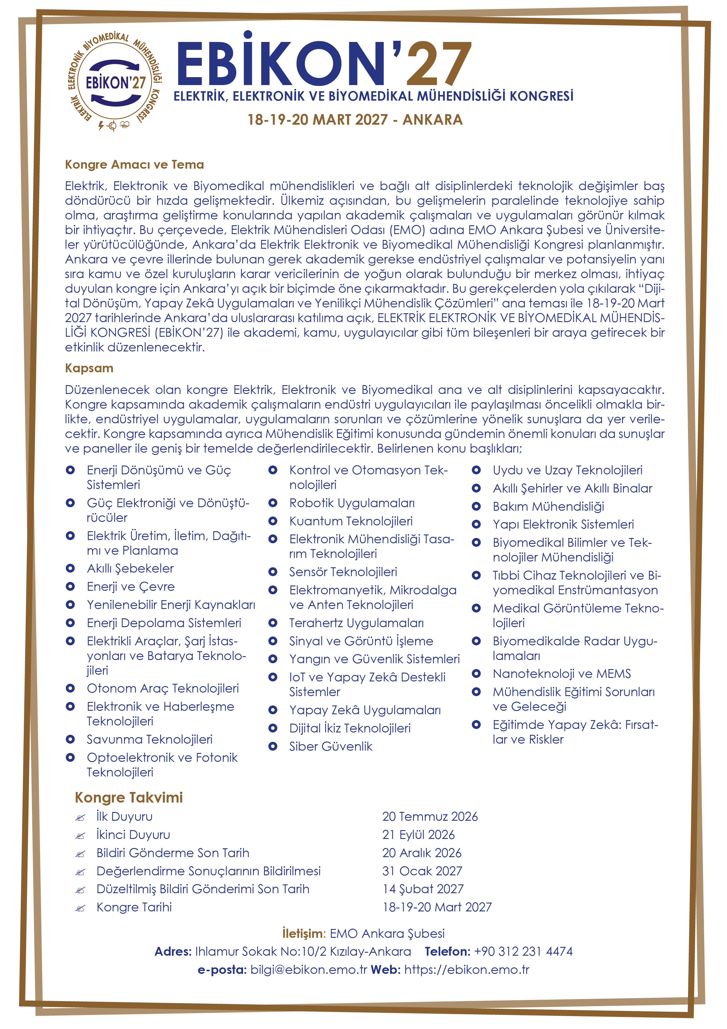 ELEKTRİK, ELEKTRONİK VE BİYOMEDİKAL MÜHENDİSLİĞİ KONGRESİ DÜZENLENİYOR