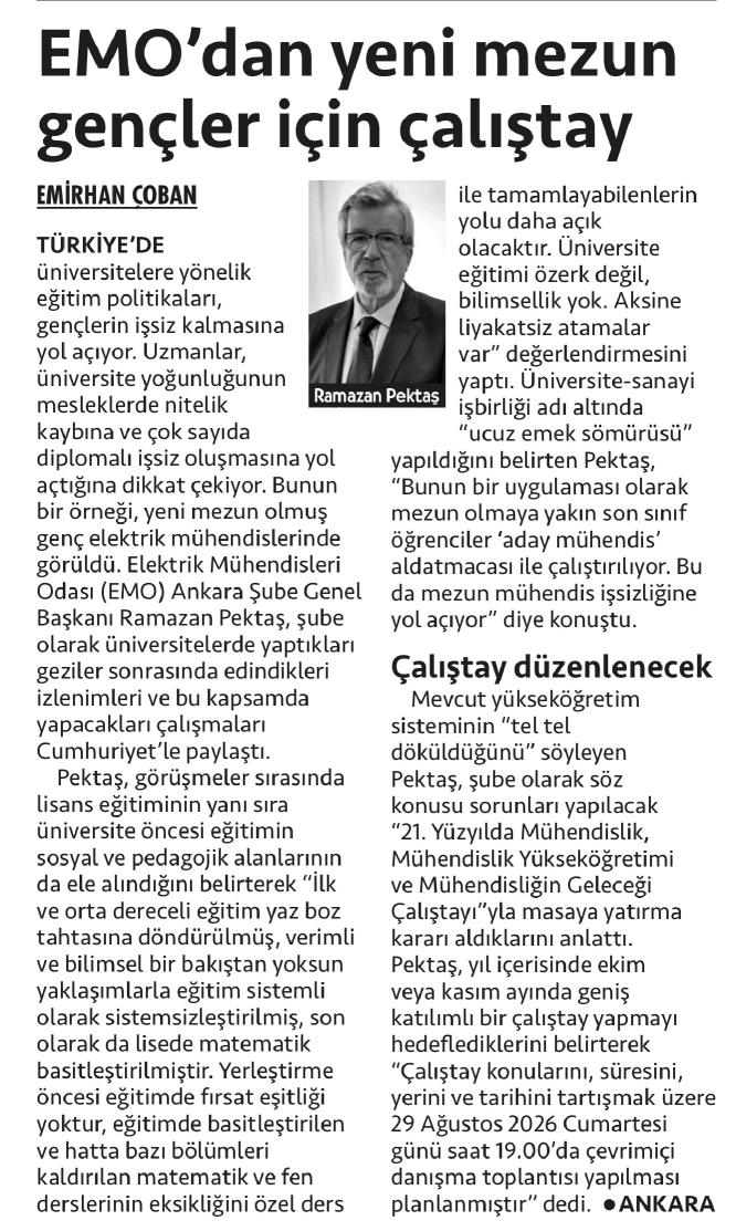 EMO`DAN YENİ MEZUN GENÇLER İÇİN ÇALIŞTAY (CUMHURİYET, 21.08.2026)