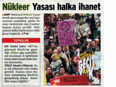 NÜKLEER YASAYA KARŞI BASIN AÇIKLAMAMIZ GÜNLÜK BASINDA YAYGIN OLARAK YER ALDI