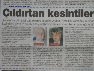 "EMO UYARDI"-ANTALYA ŞUBESİ BAŞKANIMIZIN BASINDAKİ DEMEÇLERİ-26.06.2007