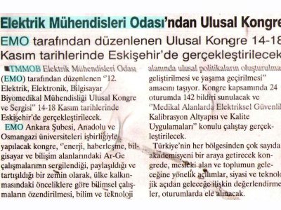 ELEKTRİK MÜHENDİSLERİ ODASI'NDAN ULUSAL KONGRE (İKİ EYLÜL GAZETEBİ, 14.11.2007)