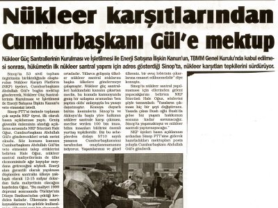NÜKLEER KARŞITLARINDAN CUMHURBAŞKANI GÜL'E MEKTUP