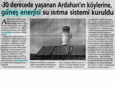 -30 DERECEDE YAŞANAN ARDAHAN'IN KÖYLERİNE, GÜNEŞ ENERJİSİ SU ISITMA SİSTEMİ KURULDU (YENİ DEVİR GAZETESİ, 04.11.2007)