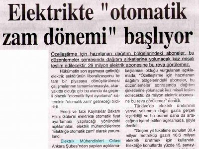ELEKTRİKTE "OTOMATİK ZAM DÖNEMİ" BAŞLIYOR (ANKARA TİCARET, 01.01.2008)