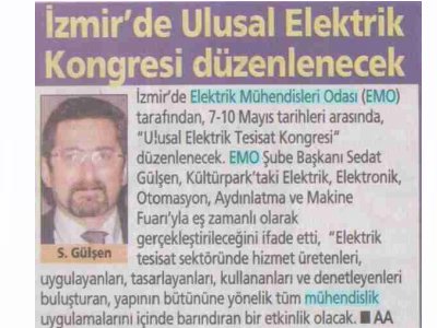 İZMİR'DE ULUSAL ELEKTRİK KONGRESİ DÜZENLENECEK-21.03.2009 POSTA EGE