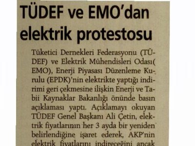 TÜDEF VE EMO'DAN ELEKTRİK PROTESTOSU (GÜNLÜK GAZETESİ, 09.7.2010)