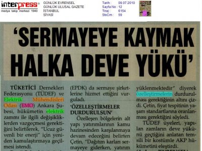 SERMAYEYE KAYMAK HALKA DEVE YÜKÜ (EVRENSEL GAZETESİ, 09.07.2010)