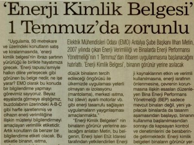 İLHAN METİN:ENERJİ KİMLİK BELGESİ 1 TEMMUZ'DA ZORUNLU (GÜNBOYU GAZETESİ/İSTANBUL-19.06.2010)
