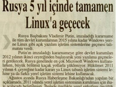 RUSYA 5 YIL İÇİNDE TAMAMEN LİNUX`A GEÇECEK (EKONOMİ, 03.01.2011)