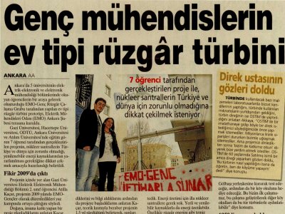 GENÇ MÜHENDİSLERİN EV TİPİ RÜZGÂR TÜRBİNİ (MİLLİYET ANKARA, 10.04.2011)