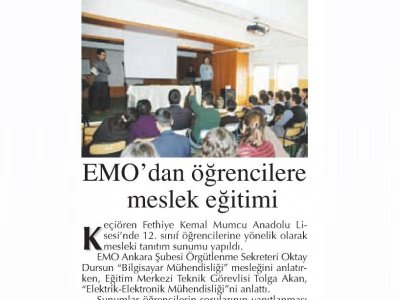 EMO`DAN ÖĞRENCİLERE MESLEK EĞİTİMİ (BAŞKENT GAZETESİ, 01.12.1011)