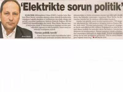 ‘ELEKTRİKTE SORUN POLİTİK‘  (MİLLİYET AKDENİZ-25.01.2012)