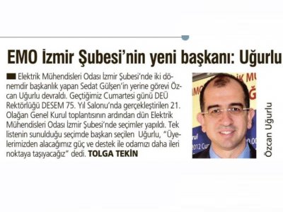 EMO İZMİR ŞUBESİ`NİN YENİ BAŞKANI UĞURLU - 23.01.2012 - YENİ ASIR
