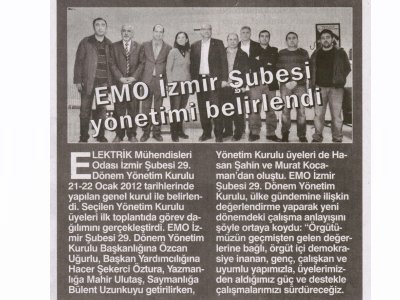 EMO İZMİR ŞUBESİ YÖNETİMİ BELİRLENDİ - 27.01.2012 - EGE TELGRAF