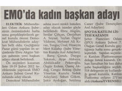 EMO ANKARA ŞUBE’YE KADIN BAŞKAN ADAYI (EVRENSEL, 15.02.2012)