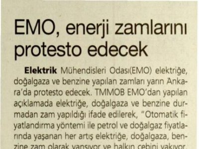 EMO, ENERJİ ZAMLARINI PROTESTO EDECEK (YENİÇAĞ GAZETESİ, 06.04.2012)