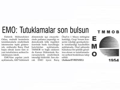 EMO: TUTUKLAMALAR SON BULSUN (WWW.EVRENSEL.NET, 16.05.2012)