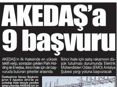 AKEDAŞ`A 9 BAŞVURU (CUMHURİYET ANTALYA AKDENİZ -25.09.2012)