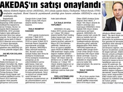 AKEDAŞ‘İN SATIŞI ONAYLANDI  (FİNİKE AKDENİZ-13.03.2013)