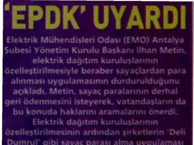 EPDK‘YI UYARDI (POSTA AKDENİZ-15.05.2013)