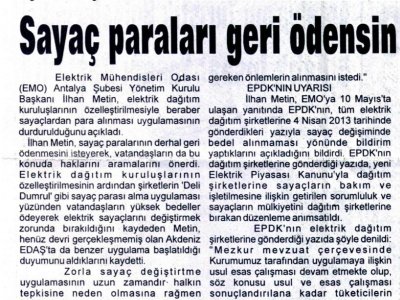 SAYAÇ PARALARI GERİ ÖDENSİN  (TOROS GAZETESİ-16.05.2013)