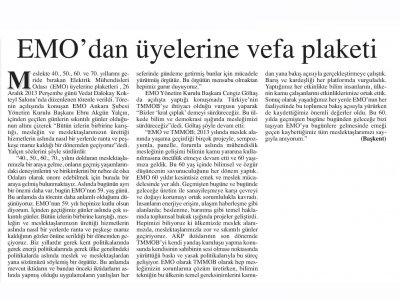 EMO` DAN ÜYELERİNE VEFA PLAKETİ (BAŞKENT GAZETESİ, 28.12.2013)