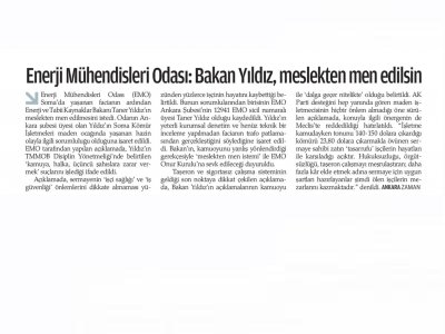 ELEKTRİK MÜHENDİSLERİ ODASI : BAKAN YILDIZ MESLEKTEN MEN EDİLSİN (ZAMAN, 20.05.2014)