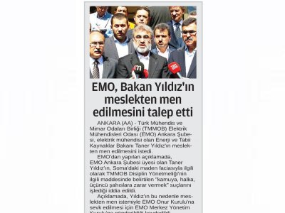 EMO, BAKAN YILDIZ`IN MESLEKTEN MEN EDİLMESİNİ TALEP ETTİ (24 SAAT, 19.05.2014)