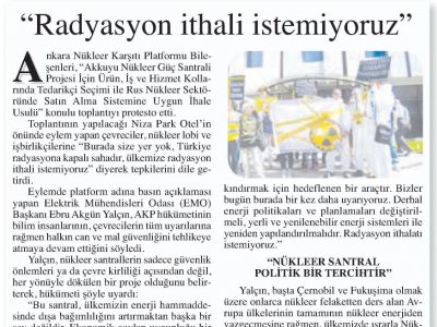 `RADYASYON İTHALİ İSTEMİYORUZ` (BAŞKENT GAZETESİ, 11.07.2014)