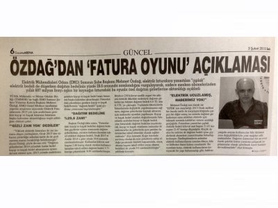 ÖZDAĞ`DAN FATURA OYUNU AÇIKLAMASI(GAZETE ARENA - 03.02.2015)
