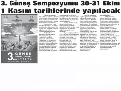 3. GÜNEŞ SEMPOZYUMU 30-31 EKİM 1 KASIM TARİHLERİNDE YAPILACAK (ANTALYA EKONOMİ-21.04.2015)