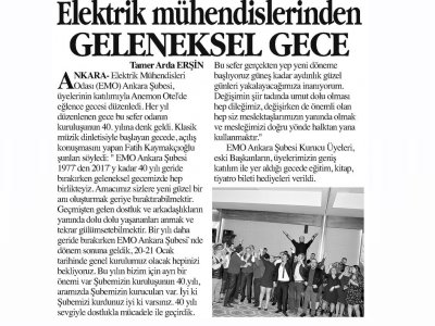 ELEKTRİK MÜHENDİSLERİNDEN GELENEKSEL GECE (ANAYURT GAZETESİ, 20.12.2017)