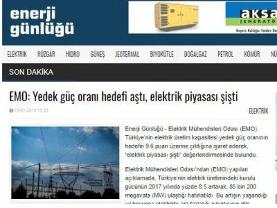 EMO: YEDEK GÜÇ ORANI HEDEFİ AŞTI, ELEKTRİK PİYASASI ŞİŞTİ (ENERJİGUNLUGU.NET)