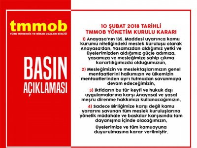 10 ŞUBAT 2018 TARİHLİ TMMOB YÖNETİM KURULU KARARI