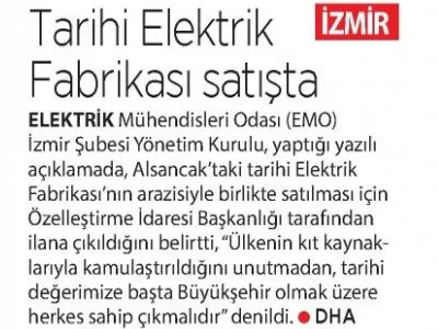 TARİHİ ELEKTRİK FABRİKASI SATIŞTA (MİLLİYET EGE)