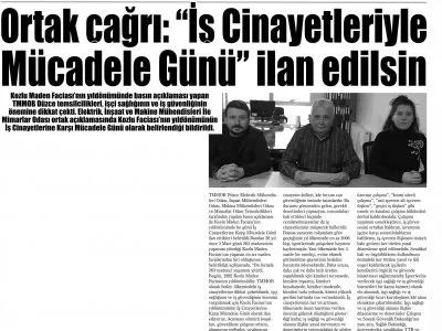 DÜZCE MANŞET: ORTAK ÇAĞRI: İŞ CİNAYETLERİYLE MÜCADELE GÜNÜ İLAN EDİLSİN
