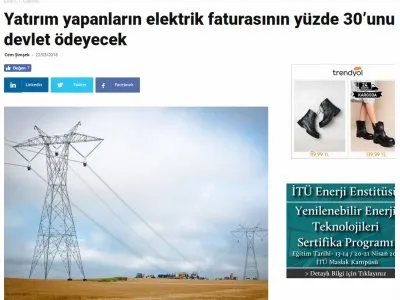 YATIRIM YAPANLARIN ELEKTRİK FATURASININ YÜZDE 30’UNU DEVLET ÖDEYECEK (ENERJİENSTİTUSU.COM)