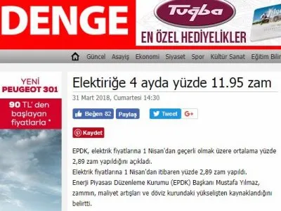 ELEKTİRİĞE 4 AYDA YÜZDE 11.95 ZAM (AYDİNDENGE.COM.TR)