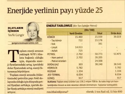 ENERJİDE YERLİNİN PAYI %25 (TEVFİK GÜNGÖR- DÜNYA)