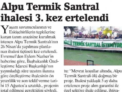 ALPU TERMİK SANTRAL İHALESİ 3. KEZ ERTELENDİ (BİRGÜN)