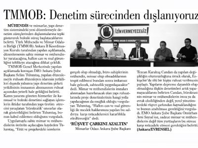 TMMOB DENETİM SÜRECİNDEN DIŞLANIYORUZ (GÜNLÜK EVRENSEL, 21.06.2018)