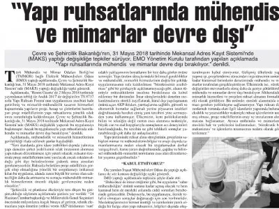 `YAPI RUHSATLARINDA MÜHENDİS VE MİMARLAR DEVRE DIŞI` (BAŞKENT GAZETESİ)