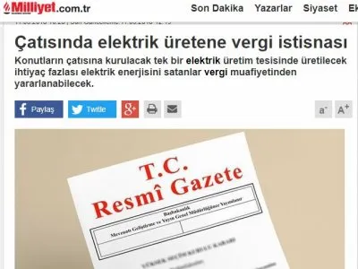 ÇATISINDA ELEKTRİK ÜRETENE VERGİ İSTİSNASI (MİLLİYET)